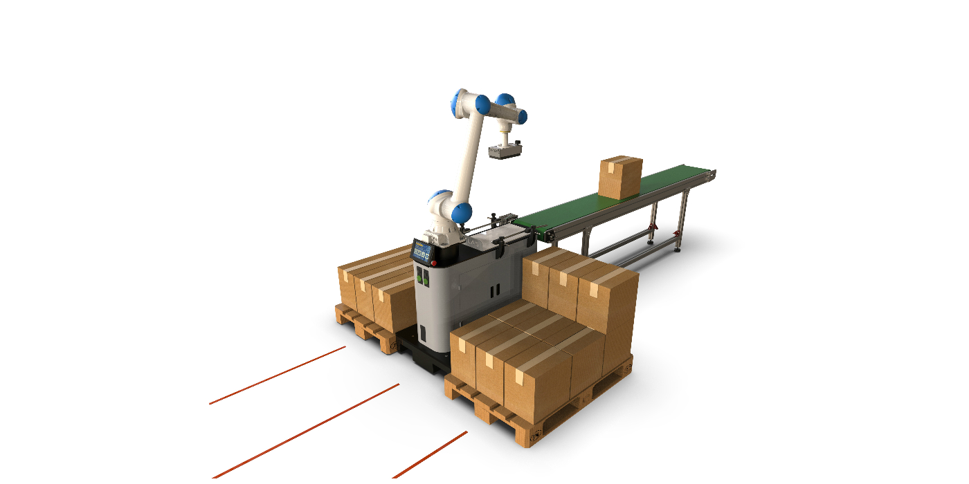 Un AGV hace posible que un robot paletizador se desplace de manera autónoma